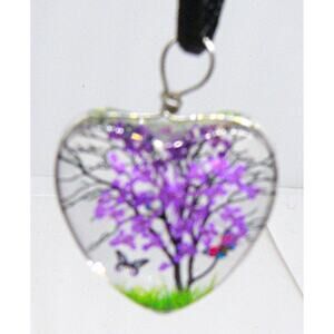 Heart-Shaped Resin Pendant Necklace With Purple Tree Butterfly Black Cord